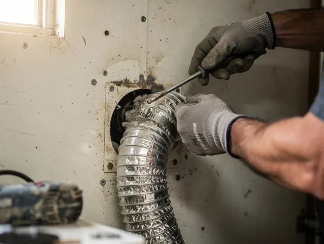 La Crescenta-Montrose Dryer Vent Cleaning technician performing precise dryer vent hose installation in La Crescenta-Montrose